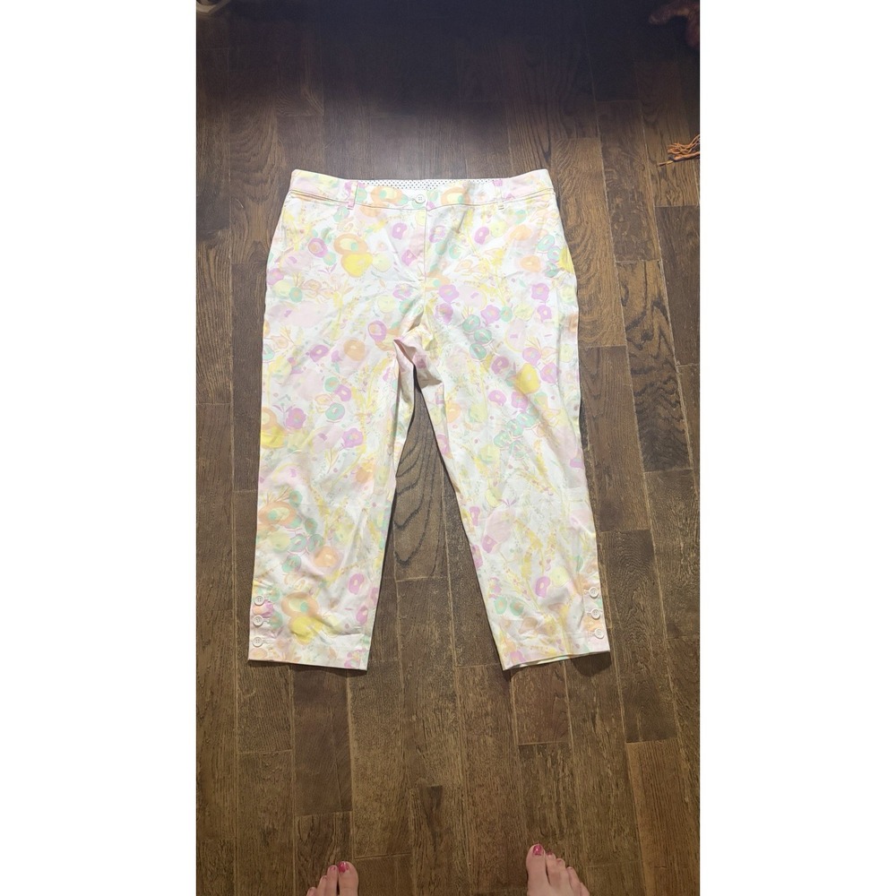 Beautiful TALBOTS Womens Dress Pants 14P‎ Floral White Pink Yellow Stretch Boho